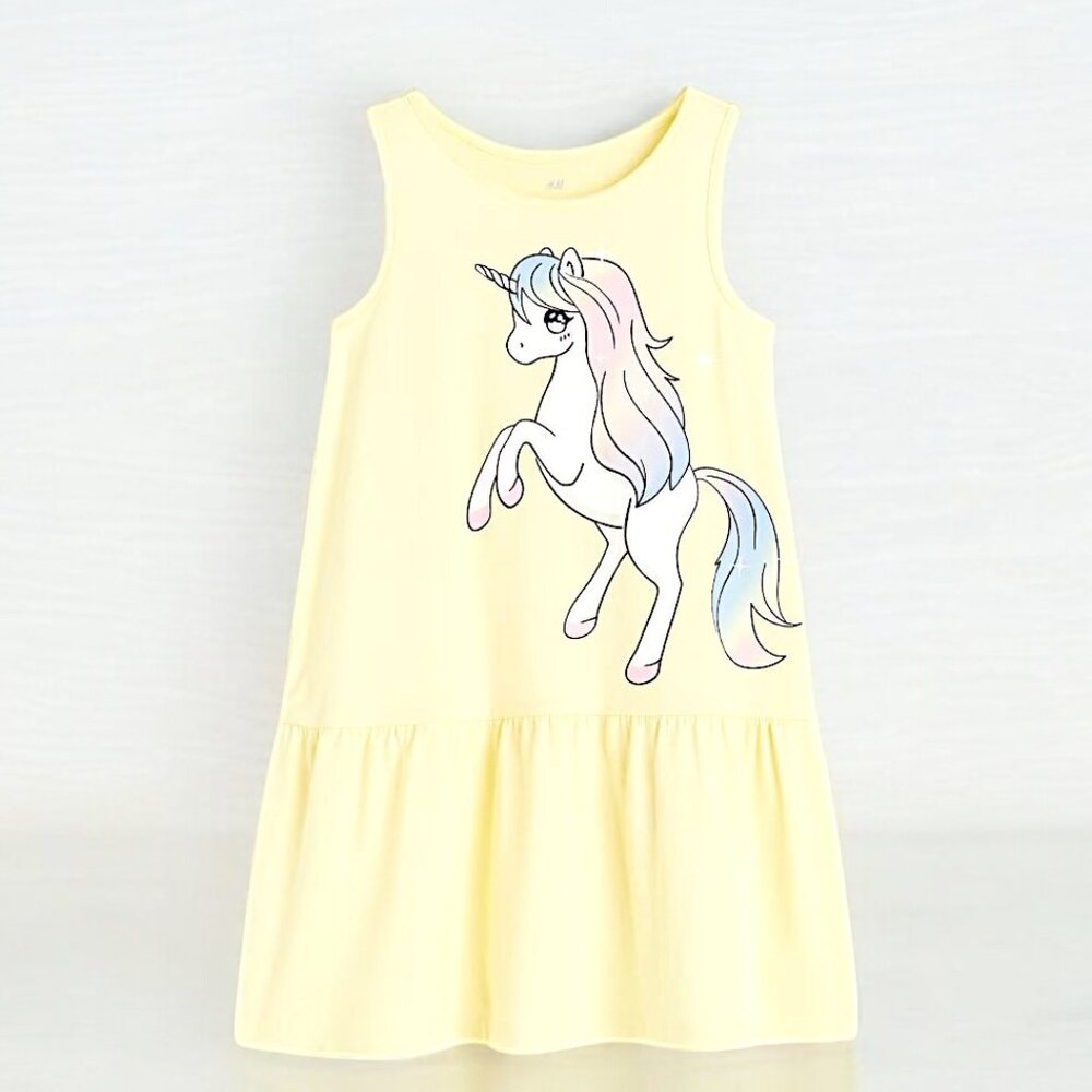 H&M Big Yellow Unicorn Sleeveless dress 100% Cotton Sting free size 2T NWT - Picture 3 of 6